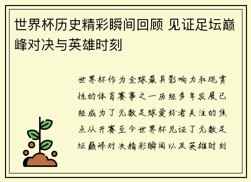 世界杯历史精彩瞬间回顾 见证足坛巅峰对决与英雄时刻